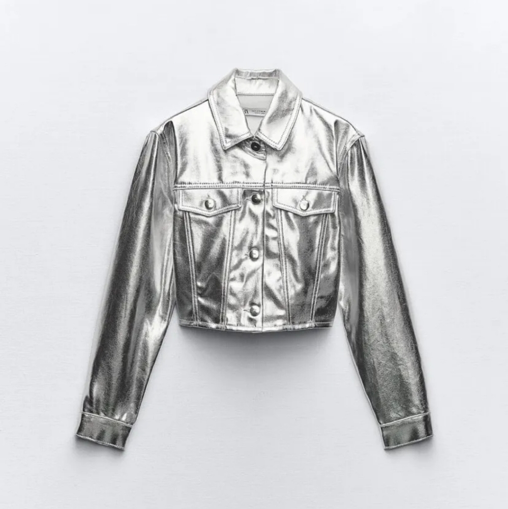 Zara SET  2 pc Metallic Crop Jacket and  Jeans size S and 0 Silver Foil - Picture 15 of 16